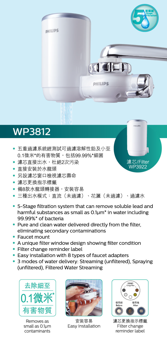 Philips WP3812 On-Tap Water Purifier(5-Stage Filtration) & WP3922 Filt