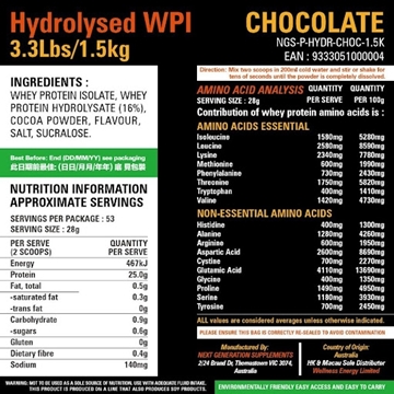 Picture of Next Generation Supplements Hydrolysed Whey Protein Isolate (Chocolate) 1.5kg