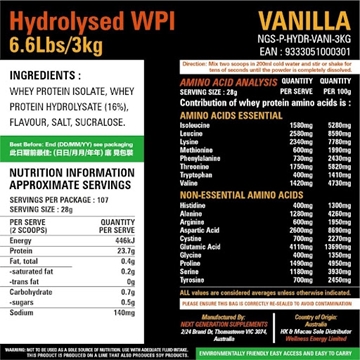 Picture of Next Generation Supplements Hydrolysed Whey Protein Isolate (Vanilla) 3kg