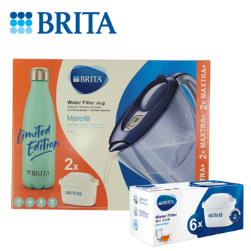圖片 Brita Marella 2.4L 藍色濾水壺內含2件濾芯及限量版濾水瓶套裝 + 六件裝濾芯